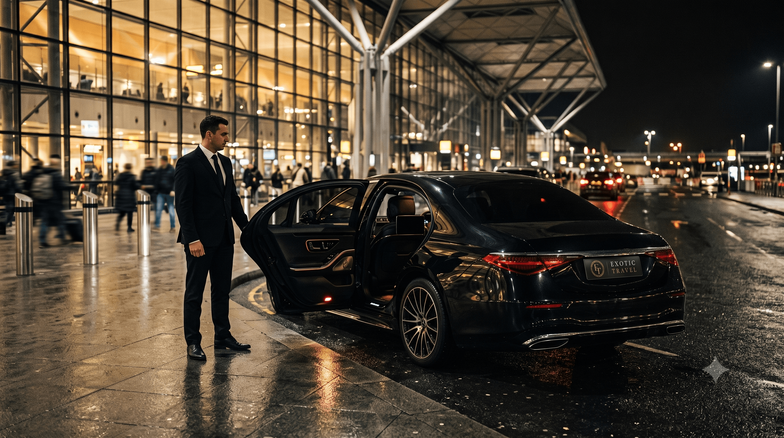 A chauffeur in a black suit holding open the rear door of a black Mercedes-Benz S-Class outside a London airport terminal at night